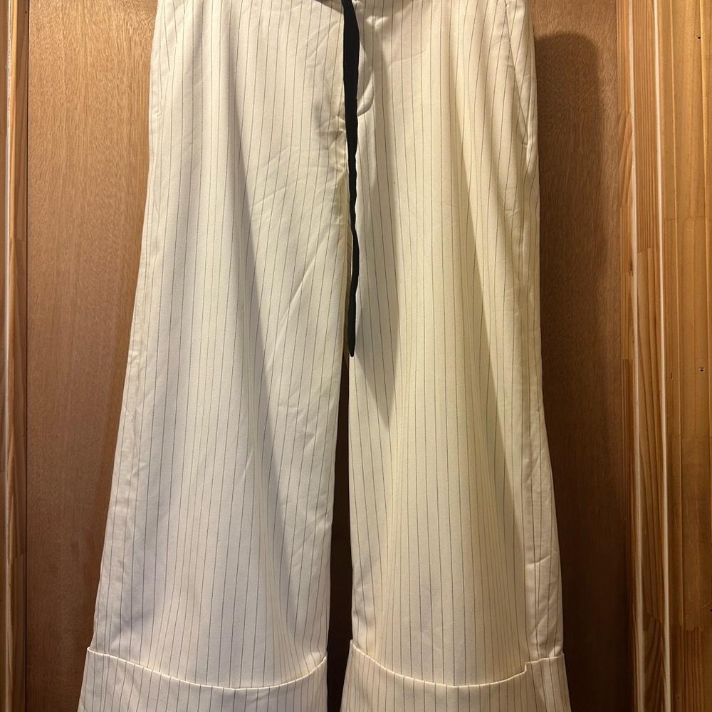 Banana Republic Cream Pinstripe Pants with Black Belt